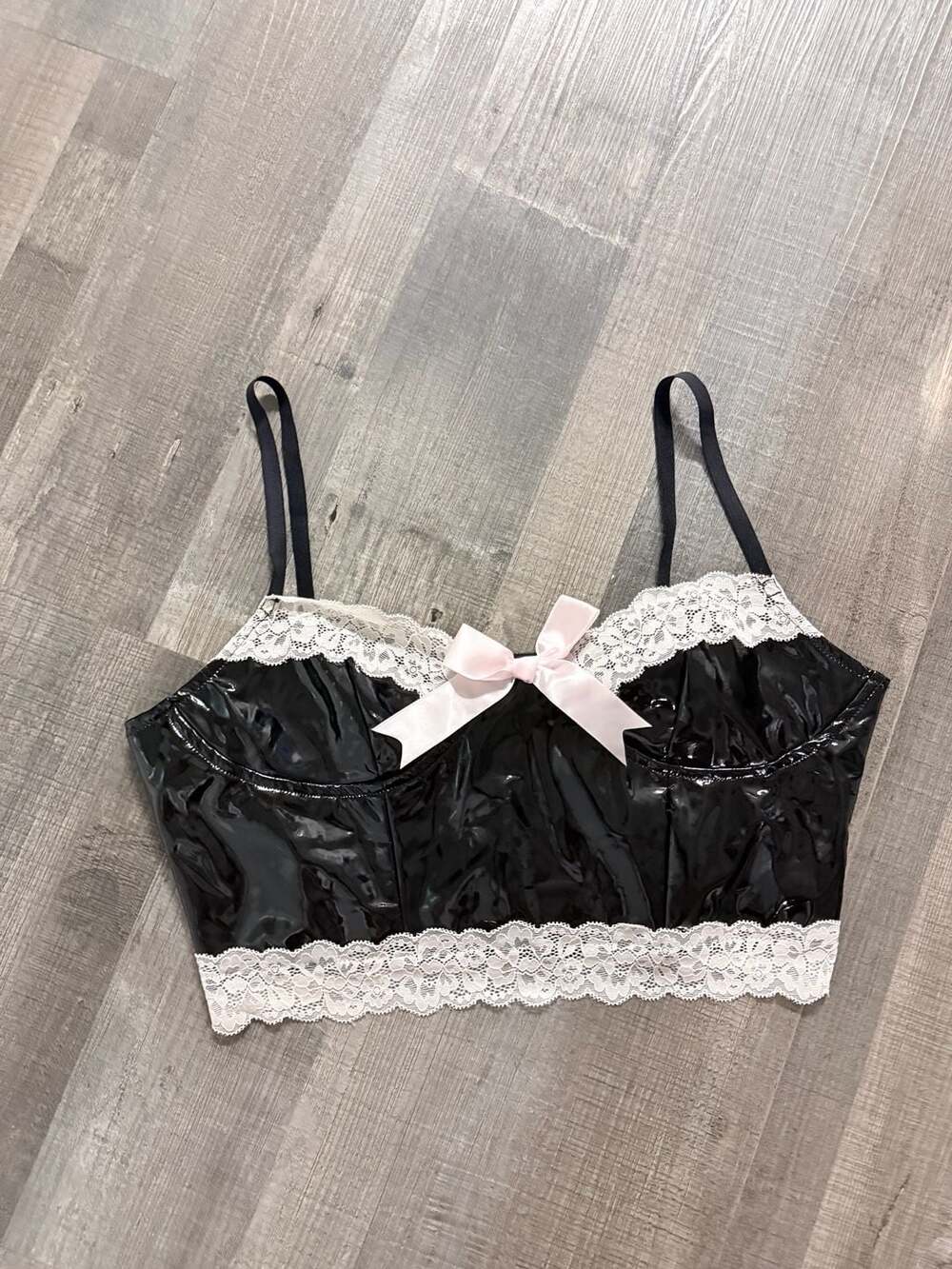 Cider Black Gothcore Latex Lace Trim Corset Top with Pink Bow